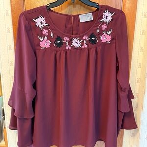 ruff hewn Grey Embroidered Burgundy Blouse
